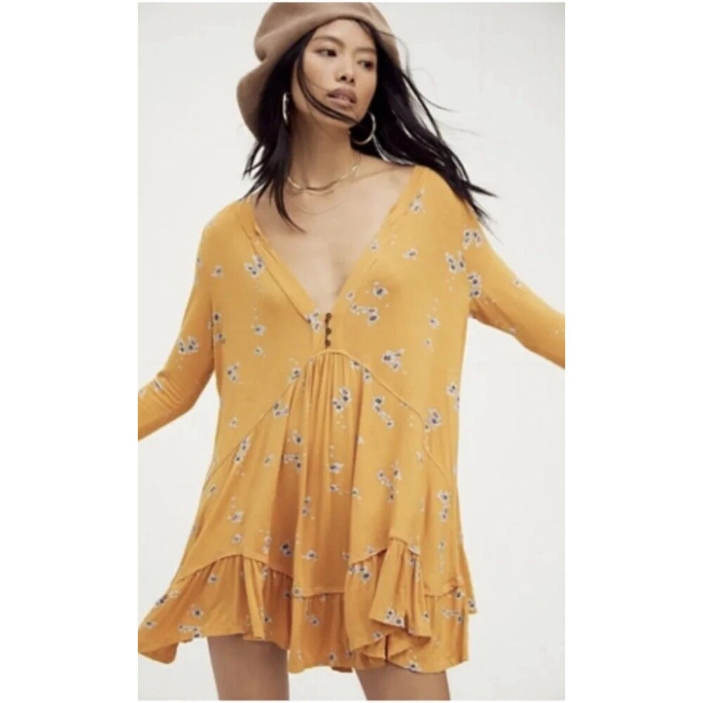 FREE PEOPLE Sz SP Olivia Flowy Tunic Mini Dress Marigold/Blue Floral Boho